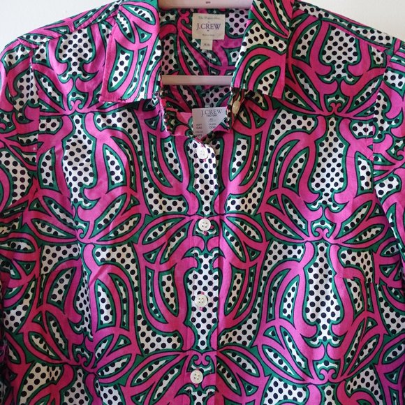 J. Crew Factory pink green swirl polka dot shirt XS 0 2 - Picture 3 of 11